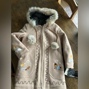 NEW! Vintage Size 6 Northern Sun Embroidered Parka with Real Sheepskin Fur Hood